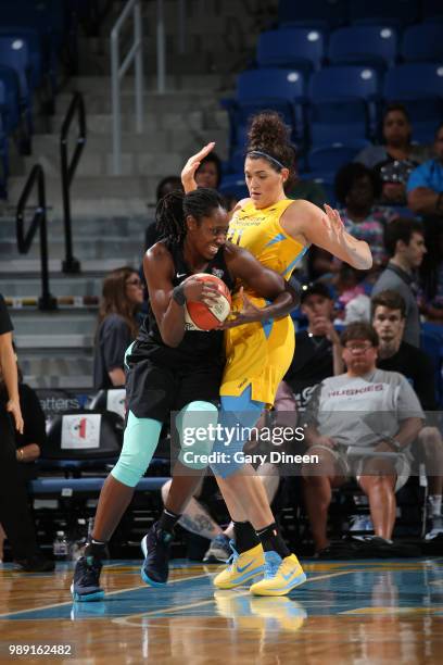 Tina Charles of the New York Liberty handles the ball against the Chicago Sky on July 1, 2018 at Wintrust Arena in Chicago, Illinois. NOTE TO USER:...