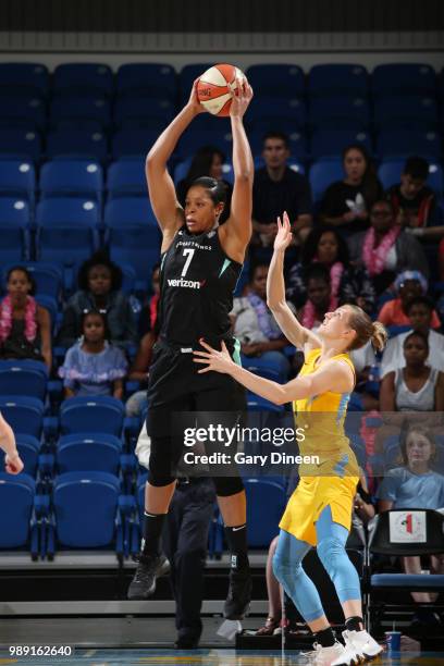 Kia Vaughn of the New York Liberty handles the ball against the Chicago Sky on July 1, 2018 at Wintrust Arena in Chicago, Illinois. NOTE TO USER:...