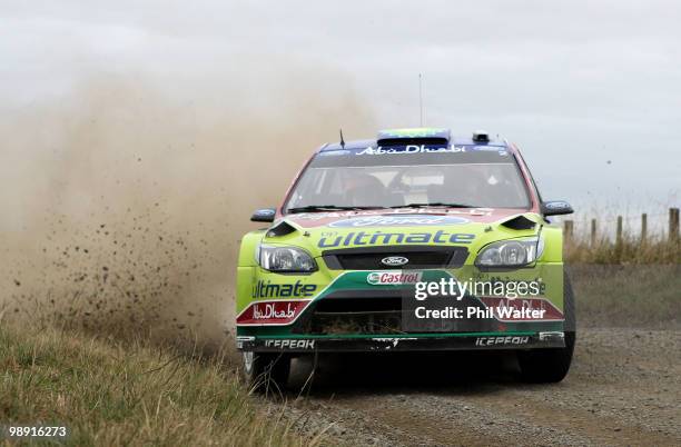 Mikko Hirvonen and co-driver Jarmo Lehtinen of Finland drive their Ford Focus RS WRC during stage 10 of the WRC Rally of New Zealand at Glen Murray...