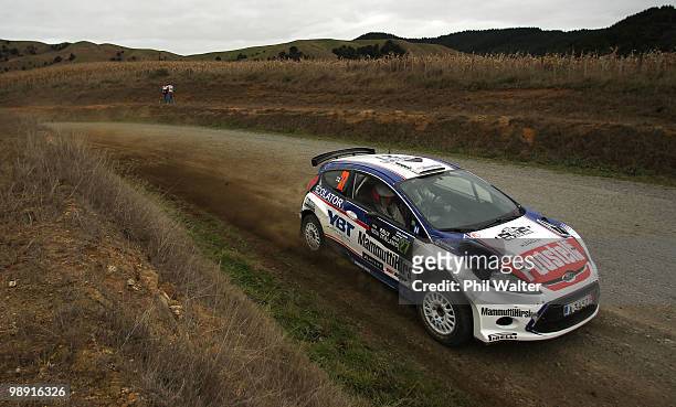 Janne Tuohino and Markku Tuohino of Finland drive their Ford Fiesta S2000 during stage 12 of the WRC Rally of New Zealand on the Te Akau Coast on May...