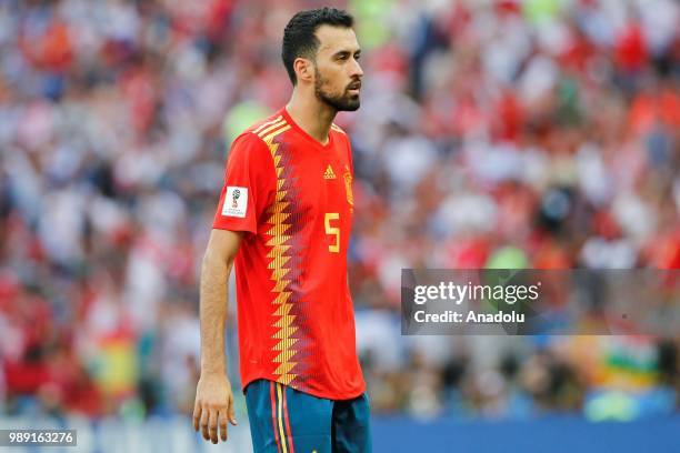 Sergio Busquets of Spain gestures during 2018 FIFA World Cup Russia Round of 16 match between Spain and Russia at the Luzhniki Stadium in Moscow,...