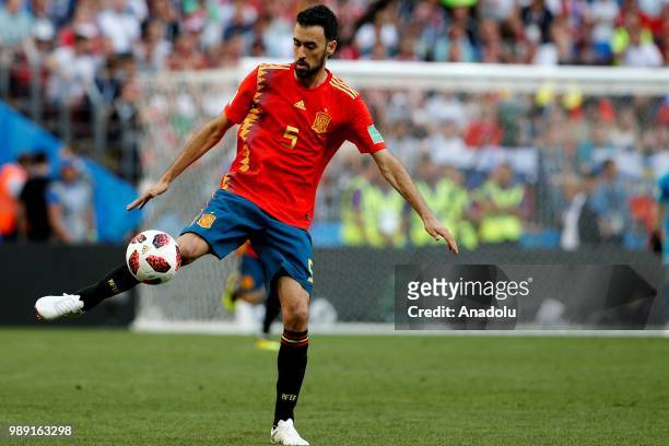 Sergio Busquets of Spain in action during 2018 FIFA World Cup Russia Round of 16 match between Spain and Russia at the Luzhniki Stadium in Moscow,...