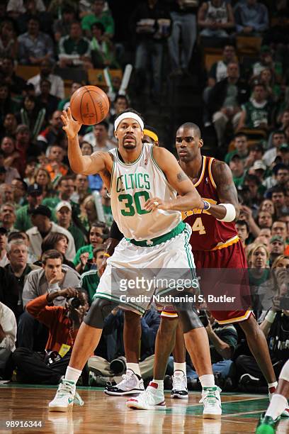 Rasheed Wallace of the Boston Celtics posts up against Antawn Jamison of the Cleveland Cavaliers in Game Three of the Eastern Conference Semifinals...