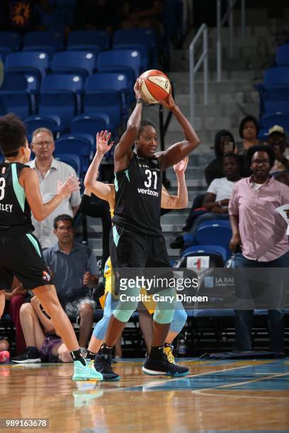 Tina Charles of the New York Liberty handles the ball against the Chicago Sky on July 1, 2018 at Wintrust Arena in Chicago, Illinois. NOTE TO USER:...