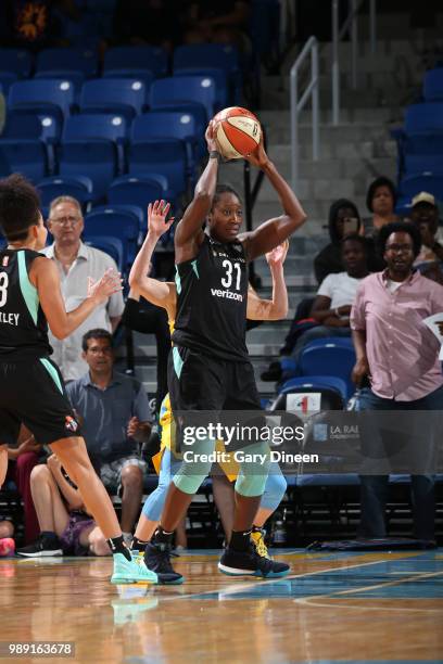 Tina Charles of the New York Liberty handles the ball against the Chicago Sky on July 1, 2018 at Wintrust Arena in Chicago, Illinois. NOTE TO USER:...