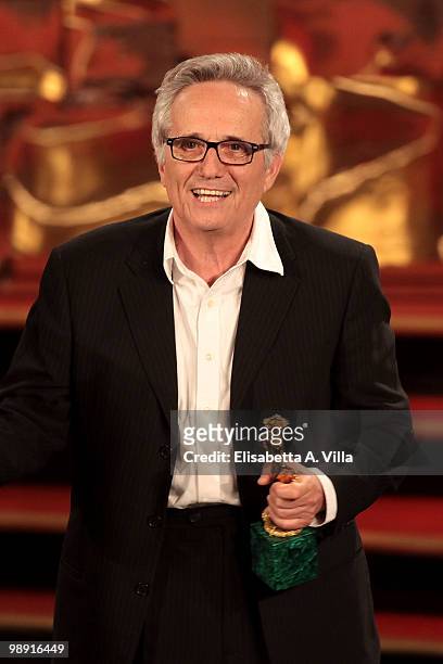 Marco Bellocchio holds the 'David Di Donatello' for Best Director for 'Vincere' during the Italian Movie Awards ceremony on May 7, 2010 in Rome,...