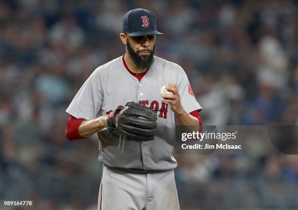 David Price of the Boston Red Sox stands on the mound during the fourth inning against the New York Yankees at Yankee Stadium on July 1, 2018 in the...