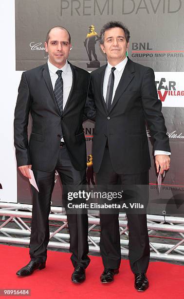 Checco Zalone and producer Pietro Valsecchi attend the 'David Di Donatello' Italian Movie Awards on May 7, 2010 in Rome, Italy.