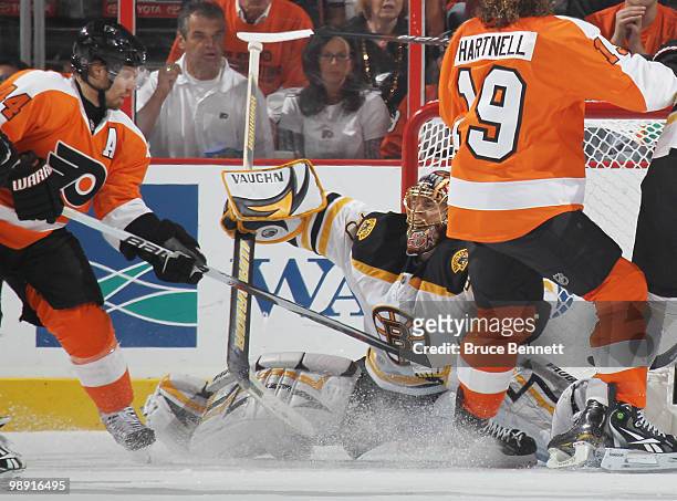 Tuukka Rask of the Boston Bruins makes the save on Kimmo Timonen of the Philadelphia Flyers in Game Four of the Eastern Conference Semifinals during...