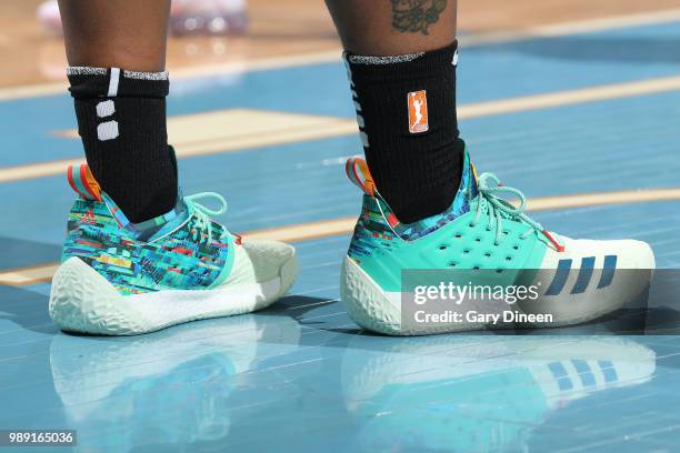 Sneakers of Shavonte Zellous of the New York Liberty seen during the game against the Chicago Sky on July 1, 2018 at Wintrust Arena in Chicago,...