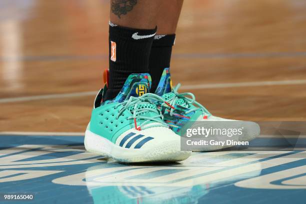 Sneakers of Shavonte Zellous of the New York Liberty seen during the game against the Chicago Sky on July 1, 2018 at Wintrust Arena in Chicago,...