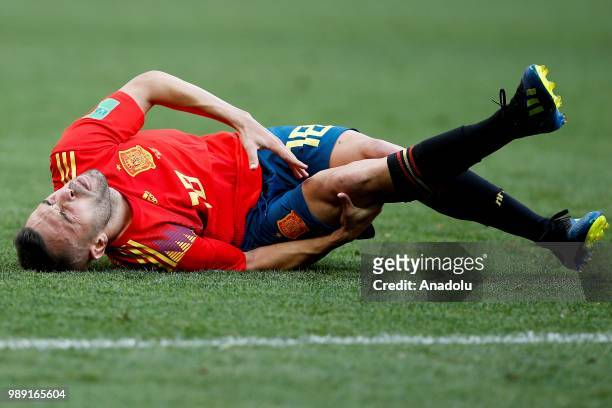 Jordi Alba of Spain gets injured during 2018 FIFA World Cup Russia Round of 16 match between Spain and Russia at the Luzhniki Stadium in Moscow,...