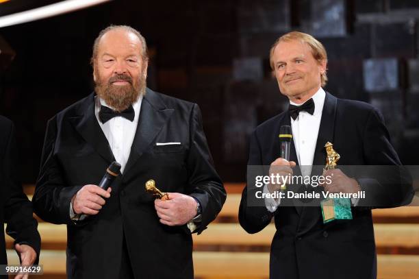 Bud Spencer and Terence Hill attend the 'David Di Donatello' movie awards at the Auditorium Conciliazione on May 7, 2010 in Rome, Italy.