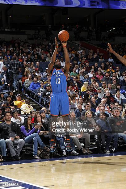 James Harden of the Oklahoma City Thunder shoots a jump shot during the game against the Golden State Warriors at Oracle Arena on April 11, 2010 in...