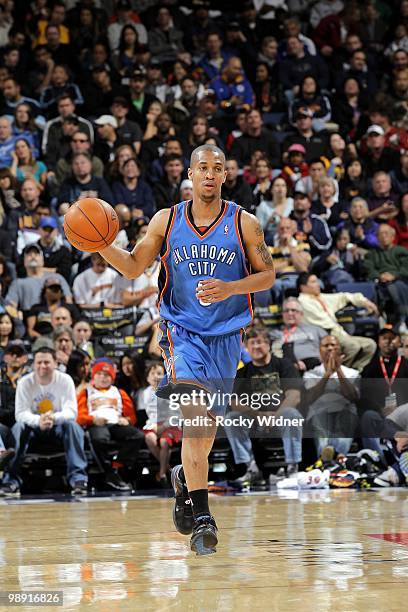 Eric Maynor of the Oklahoma City Thunder moves the ball up court during the game against the Golden State Warriors at Oracle Arena on April 11, 2010...