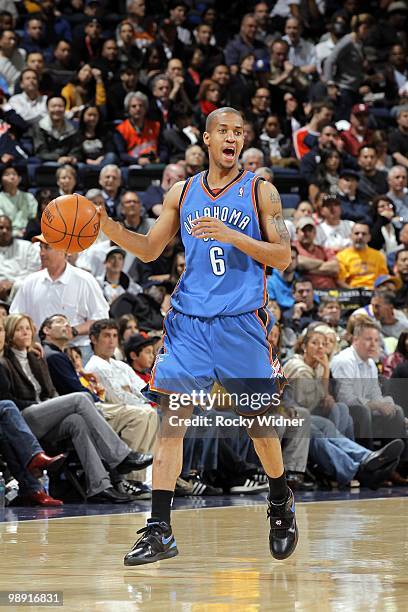 Eric Maynor of the Oklahoma City Thunder moves the ball up court during the game against the Golden State Warriors at Oracle Arena on April 11, 2010...