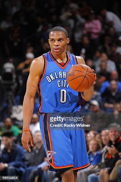 Russell Westbrook of the Oklahoma City Thunder moves the ball up court during the game against the Golden State Warriors at Oracle Arena on April 11,...