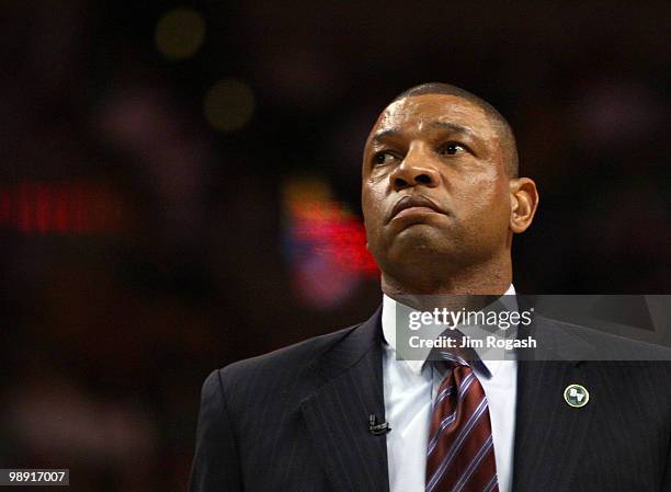 Head coach Doc Rivers of the Boston Celtics watches from the bench action against the Cleveland Cavaliers in Game Three of the Eastern Conference...