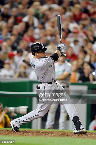 Jorge Cantu of the Florida Marlins hits a home run in the seventh inning against the Washington Nationals at Nationals Park on May 7, 2010 in...