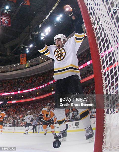 Milan Lucic of the Boston Bruins celebrates a goal against the Philadelphia Flyers in Game Four of the Eastern Conference Semifinals during the 2010...