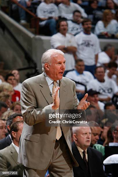 Gregg Popovich, Head Coach of the San Antonio Spurs, directs his team against the Phoenix Suns in Game Three of the Western Conference Semifinals...