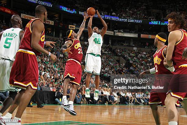 Tony Allen of the Boston Celtics shoots against LeBron James of the Cleveland Cavaliers in Game Three of the Eastern Conference Semifinals during the...