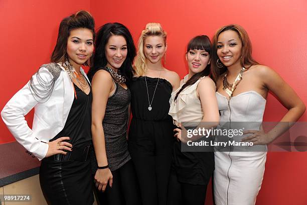 Hayley Kiyoko, Lauren Hudson, Allie Gonino, Marisol Esparza and Tinashe Kachingwe of The Stunners pose at Y 100 radio station on May 7, 2010 in...