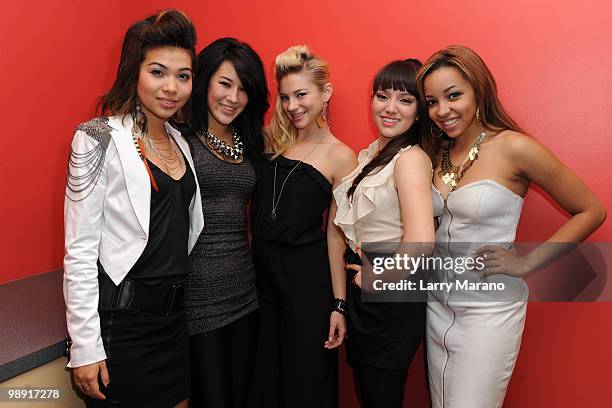 Hayley Kiyoko, Lauren Hudson, Allie Gonino, Marisol Esparza and Tinashe Kachingwe of The Stunners pose at Y 100 radio station on May 7, 2010 in...