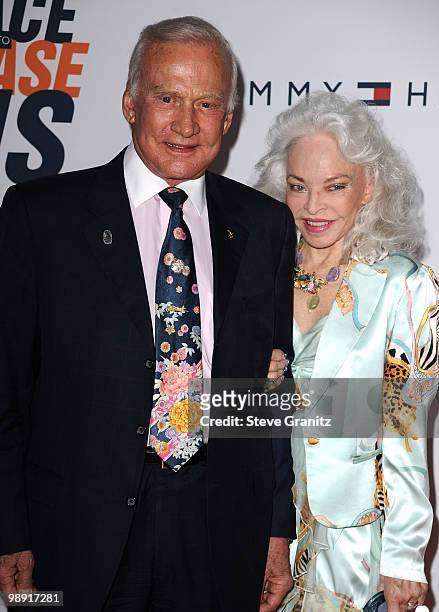 Astronaut Buzz Aldrin and Lois Aldrin arrive at the 17th Annual Race to Erase MS event co-chaired by Nancy Davis and Tommy Hilfiger at the Hyatt...