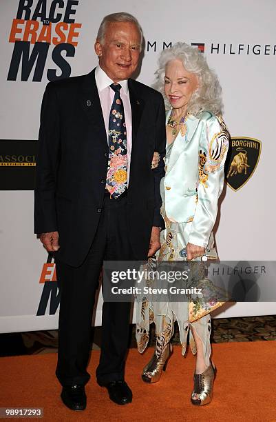 Astronaut Buzz Aldrin and Lois Aldrin arrive at the 17th Annual Race to Erase MS event co-chaired by Nancy Davis and Tommy Hilfiger at the Hyatt...