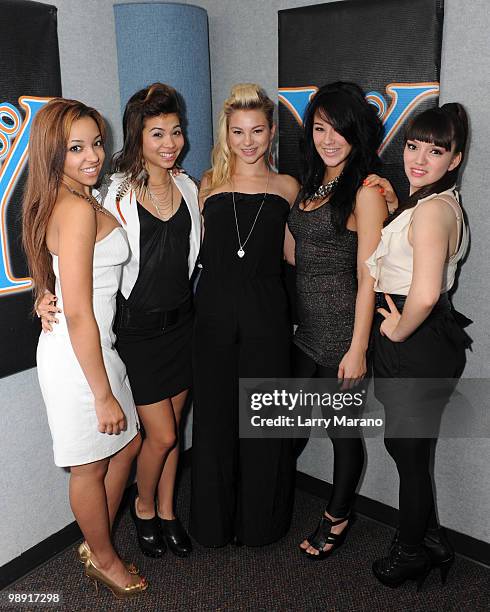 Tinashe Kachingwe, Hayley Kiyoko, Allie Gonino, Lauren Hudson and Marisol Esparza of The Stunners pose at Y 100 radio station on May 7, 2010 in...