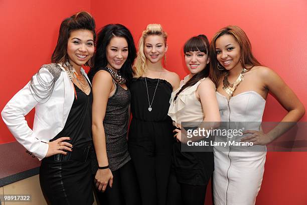 Hayley Kiyoko, Lauren Hudson, Allie Gonino, Marisol Esparza and Tinashe Kachingwe of The Stunners pose at Y 100 radio station on May 7, 2010 in...