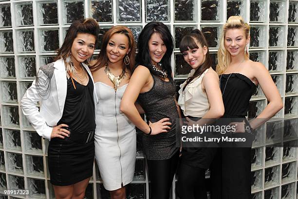 Hayley Kiyoko, Tinashe Kachingwe, Lauren Hudson, Marisol Esparza and Allie Gonino of The Stunners pose at Y 100 radio station on May 7, 2010 in...