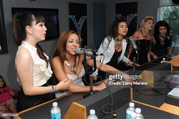 Marisol Esparza, Tinashe Kachingwe, Hayley Kiyoko, Allie Gonino and Lauren Hudson of the Stunners perform at Y 100 radio station on May 7, 2010 in...