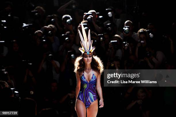 Model showcases designs on the catwalk by Lisa Blue during the Swimwear Fashion Week during Rosemount Australian Fashion Week Spring/Summer 2010/11...