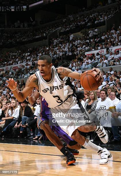 George Hill of the San Antonio Spurs drives to the basket against the Phoenix Suns in Game Three of the Western Conference Semifinals during the 2010...