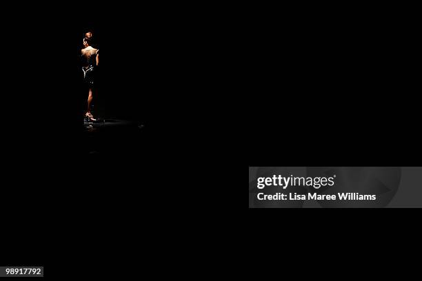 Model stands side of stage prior to the start of Rachel Gilbert's show during Rosemount Australian Fashion Week Spring/Summer 2010/11 at the Overseas...