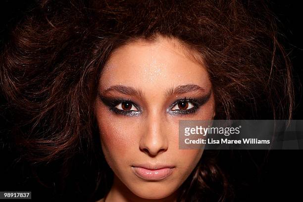 Alexandra Agoston models a finished make-up look backstage as part of Alex Perry's 'Arabian Princess' show at Fox Studios during Rosemount Australian...