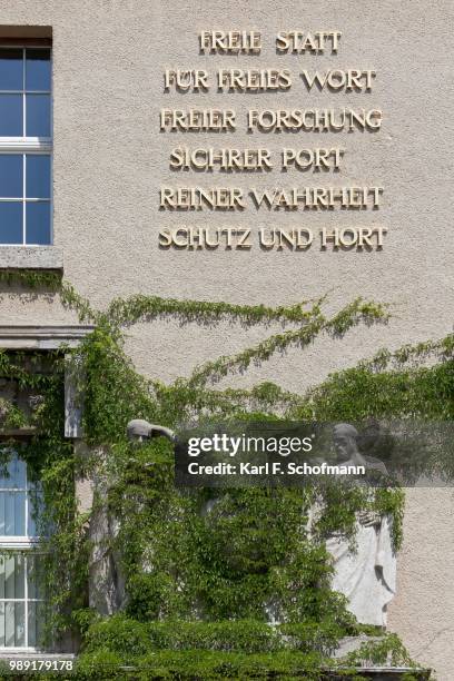 free word and free research, motto on the facade, german national library, foundation building from 1914, leipzig, saxony, germany - motto stock pictures, royalty-free photos & images