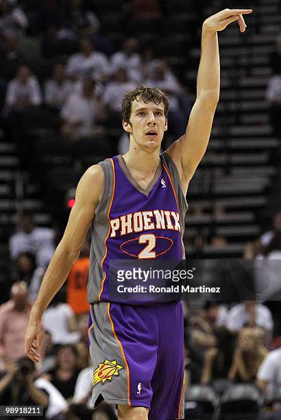 Forward Goran Dragic of the Phoenix Suns reacts during a 110-96 win against the San Antonio Spurs in Game Three of the Western Conference Semifinals...