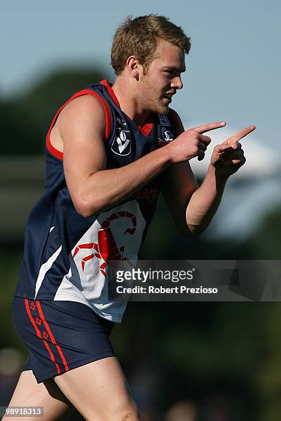 Jack Watts of the Scorpions celebrates a goal during the round five VFL match between the Scorpions and the Tigers at Casey Fields on May 8, 2010 in...