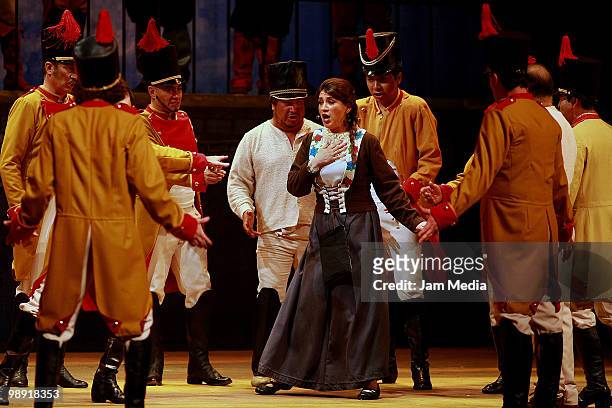 Soprano Enivia Mendonza in action during a previous test of the Opera 'Carmen' of Georges Bizet at the Esperanza Iris City Theater on May 7, 2010 in...