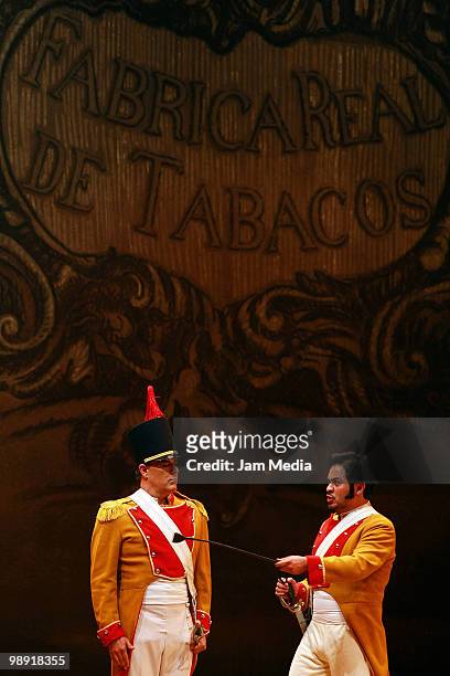 Tenor Fernando de la Mora and Baritone Edgar Gil in action during a previous test of the Opera 'Carmen' of Georges Bizet at the Esperanza Iris City...