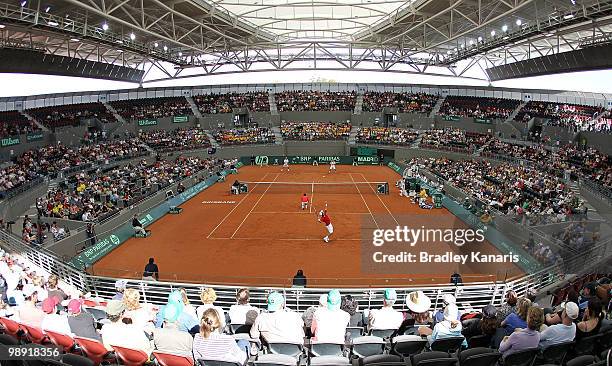 General view of Pat Rafter Arena is seen as Lleyton Hewitt and Paul Hanley of Australia play their doubles match against Takao Suzuki and Go Soeda of...