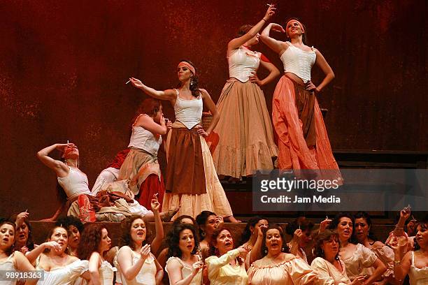 Actors in action during a previous test of the Opera 'Carmen' of Georges Bizet at the Esperanza Iris City Theater on May 7, 2010 in Mexico City,...