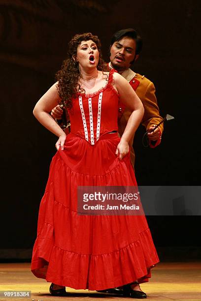 Mezzo Soprano Veronica Simeoni and Baritone Edgar Gil in action during a previous test of the Opera 'Carmen' of Georges Bizet at the Esperanza Iris...