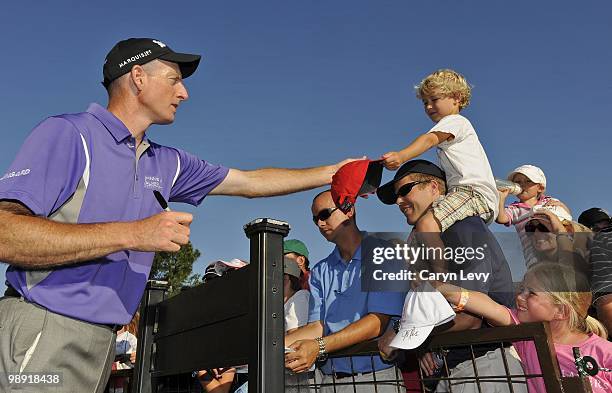 Jim Furyk signs autographs after the second round of THE PLAYERS Championship on THE PLAYERS Stadium Course at TPC Sawgrass on May 7, 2010 in Ponte...