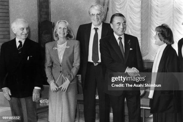 Japanese Prime Minister Yasuhiro Nakasone is seen during his meeting U.S. Actors including Gregory Peck at the prime minister's official residence on...