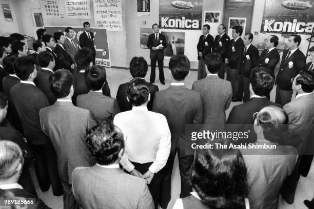 President Megumi Ide speaks to staffs after changing company name from Konishiroku Photo Industry to Konica at the company headquarters on October...