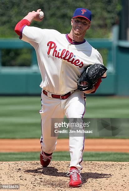 Roy Halladay of the Philadelphia Phillies delivers a pitch against the St. Louis Cardinals at Citizens Bank Park on May 6, 2010 in Philadelphia,...